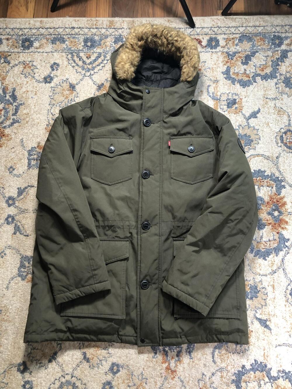 Levi's Coat Mens XL Green Canvas Parka Hooded Fur Trim Zip Insulated Outdoor